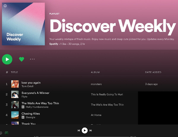 스포티파이의 개인화 플레이리스트 Discover Weekly 화면